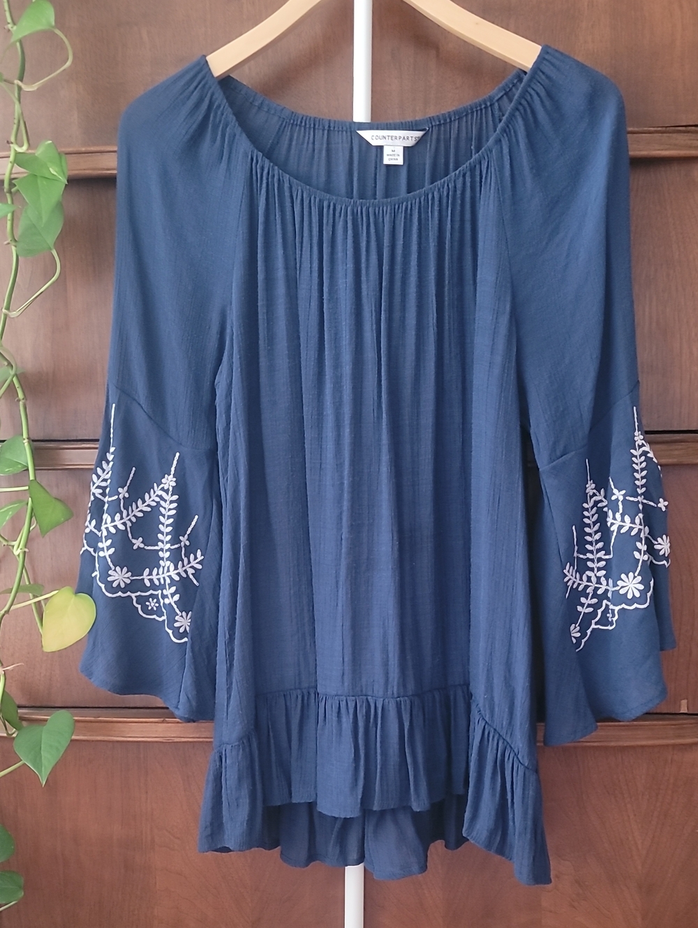 Counterparts Navy & White Floral Embroidered Bell Sleeve Feminine Peasant Tunic